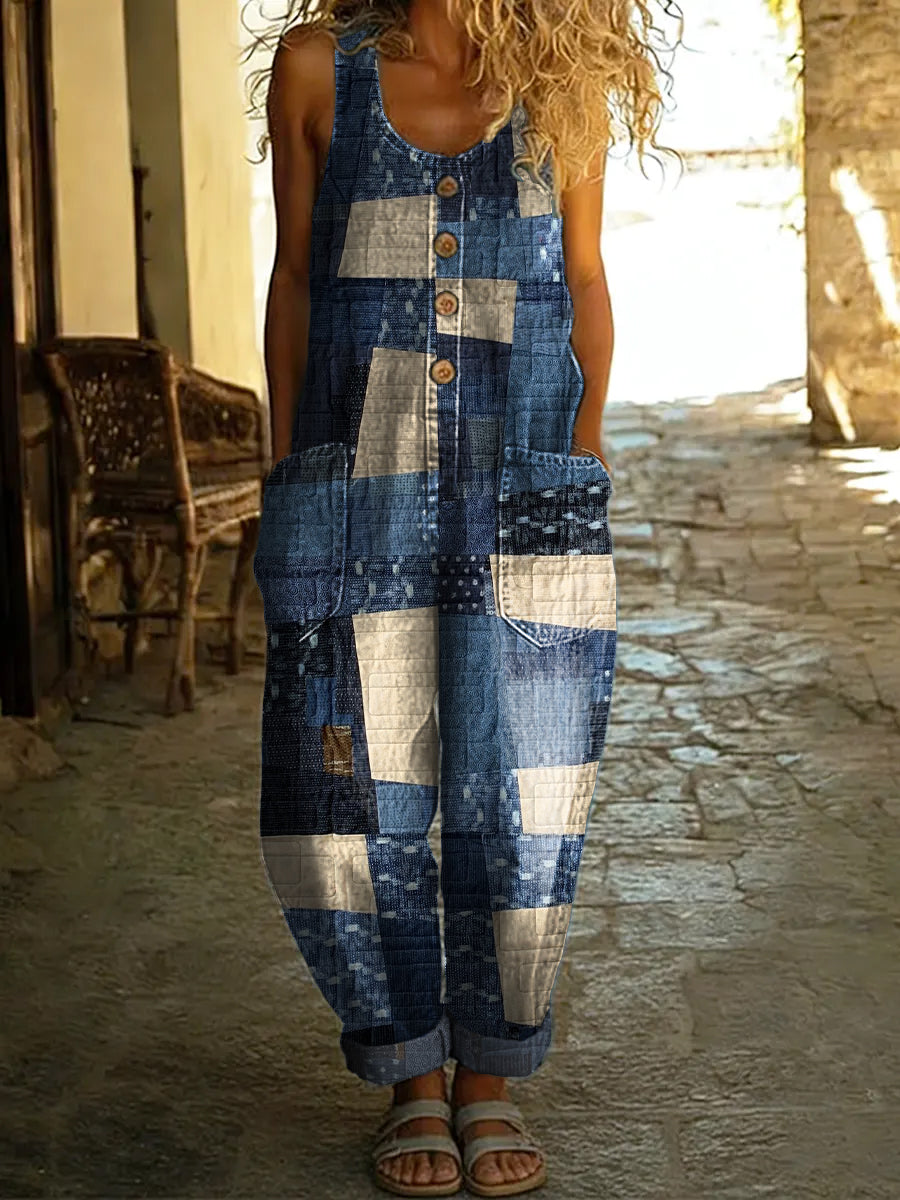 🔥Buy 2 Get 1 FREE – Code: 3FREE | Women's Fabric Patchwork Print Casual Denim Jumpsuit