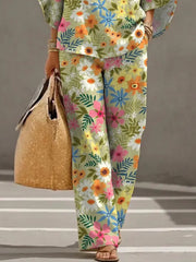 Women's Floral Art Print Casual 3/4 Sleeve Top And Pants Cotton Linen Suits