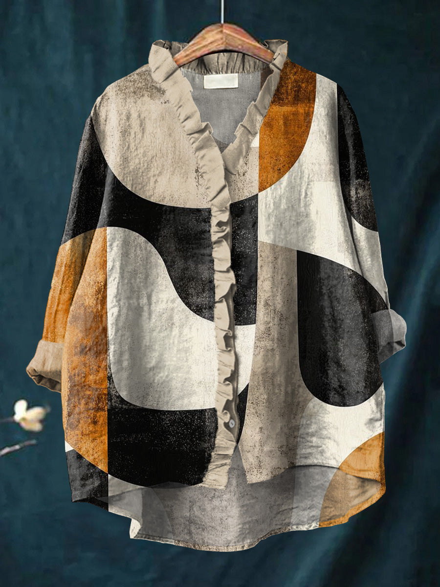 Women's Abstract Colorful Geometric Block Painting Art Print Casual Cotton And Linen Ruffle Shirt