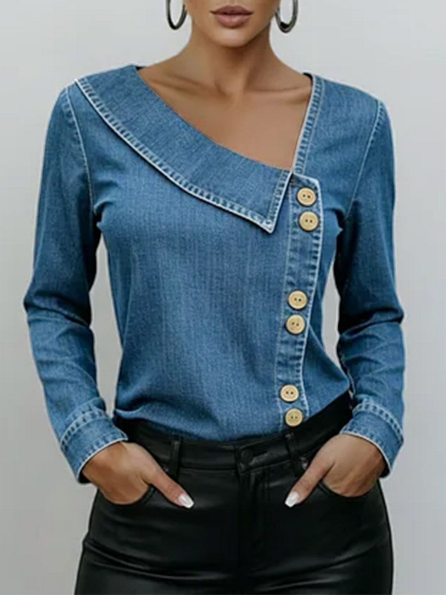 Women's V-neck Long-sleeved Casual Loose Denim Top
