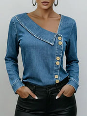 Women's V-neck Long-sleeved Casual Loose Denim Top
