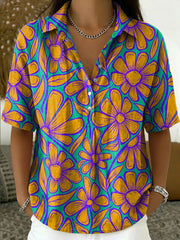 Women's Vintage Botanical Floral Casual Polo Collar Short-sleeved Linen And Cotton Shirt