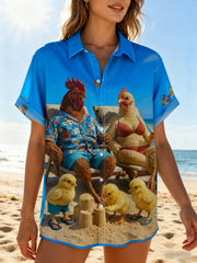 Women's Moisture-wicking    Funny Beach Chicken Chest Pocket Hawaiian Shirt