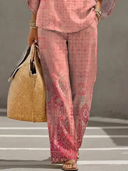 Women's Retro Floral Art Print Casual 3/4 Sleeve Top And Pants Cotton Linen Suits