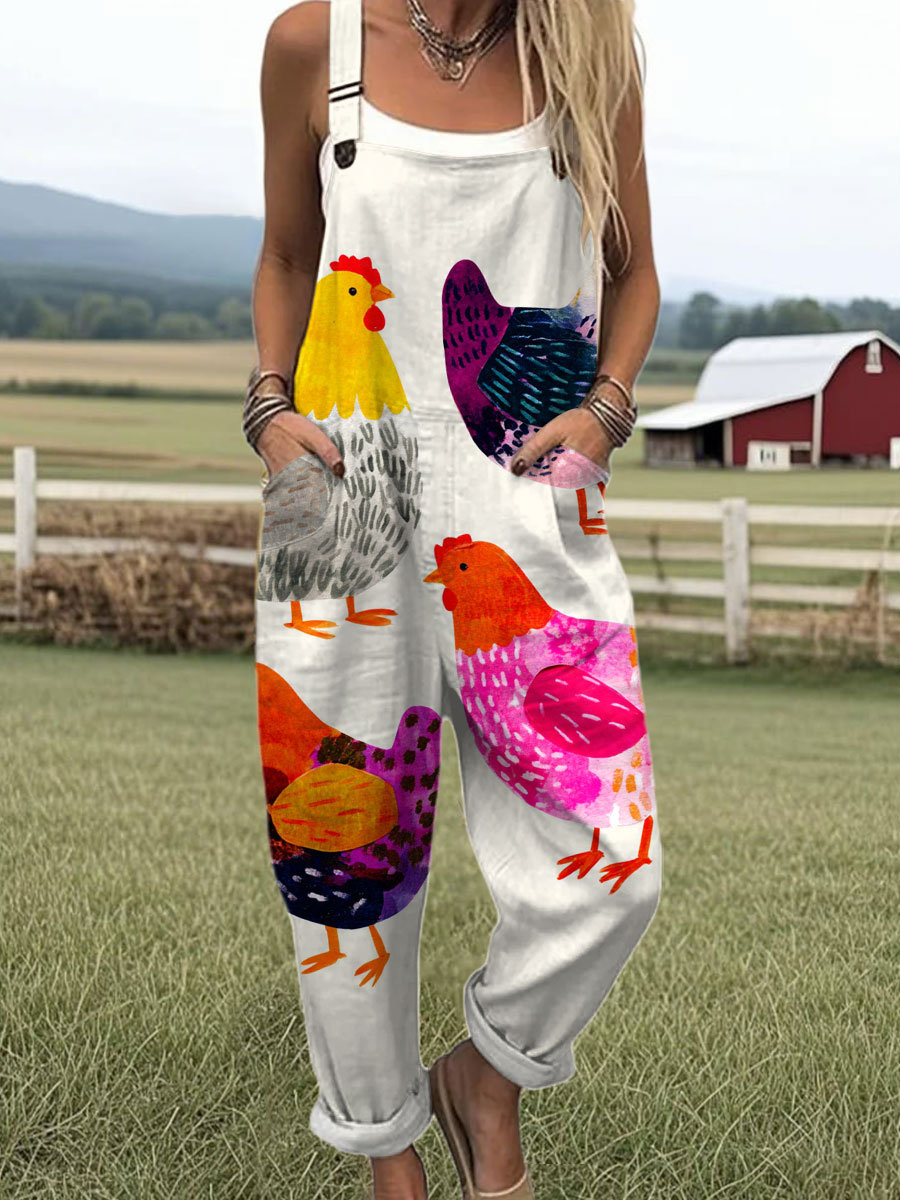 Women's Funny Chicken Art Print Casual Cotton Wide Leg Jumpsuit