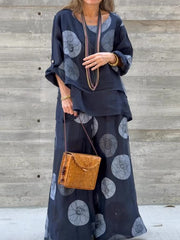 Women's Round Neck 3/4 Sleeves Abstract Pattern Print Casual Cotton and Linen Fake Two-piece Splicing Top Elastic Waist Casual Cotton and Linen Wide-leg Pants Set
