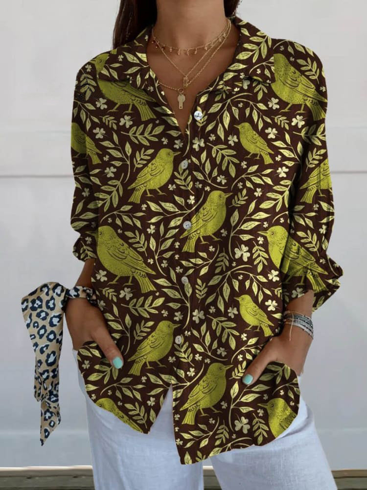 Women's Vintage Floral Birds Art Print Casual Linen V-neck Shirt