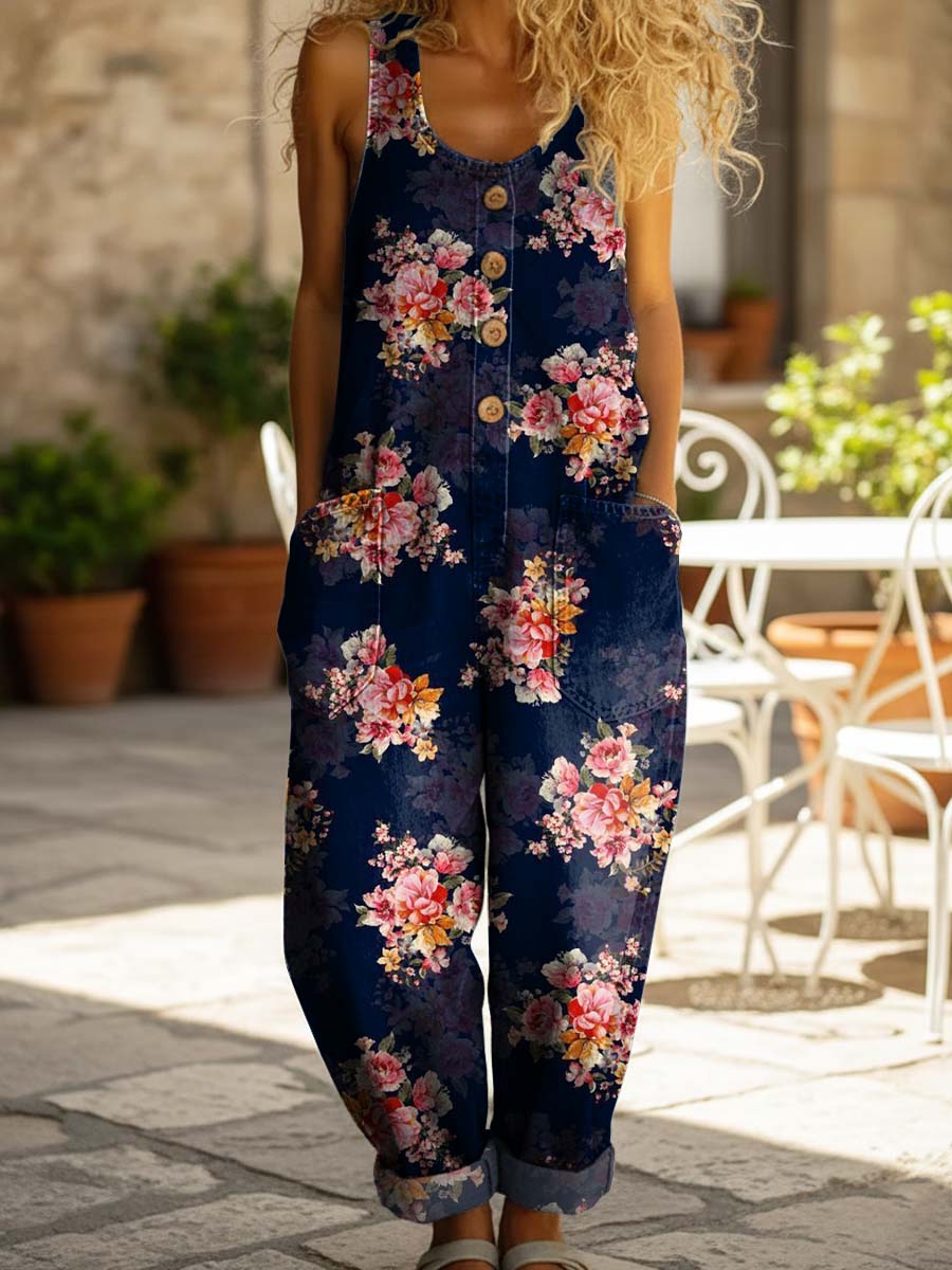 🔥Buy 2 Get 1 FREE – Code: 3FREE | Women's Vintage Flower Print Casual Denim Jumpsuit