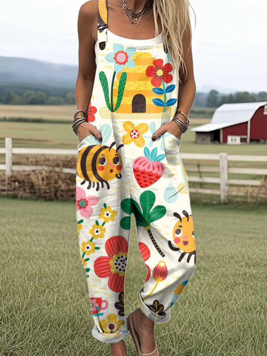 Women's Colorful Cute Flowers Bee Drawing Art Print Casual  Cotton Linen Wide Leg Jumpsuit