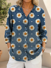 Women's Daisy Pattern Print Casual Ruffled Denim Shirt