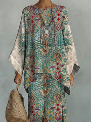 Women's Vintage Ethnic Floral Art Comfortable Loose Cotton Linen Wide-leg Pants Two-piece Set