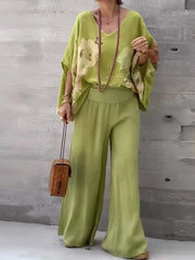 Women's V-neck Batwing Sleeves Abstract Positioning Print Loose Top Elastic Waist Cotton and Linen Wide Leg Pants Set