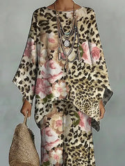 Women's Vintage Leopard Floral Art Comfortable Loose Cotton Linen Wide-leg Pants Two-piece Set