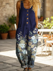 🔥Buy 2 Get 1 FREE – Code: 3FREE | Women's Art Flower Print Casual Denim Jumpsuit
