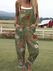 Women's  Vintage Flower Art Print Casual Cotton Wide Leg Jumpsuit