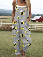 Women's  Bee Art Print Casual Cotton Wide Leg Jumpsuit