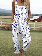 Women's  Funny Flower Chick Art Print Casual  Cotton Linen  Wide Leg Jumpsuit
