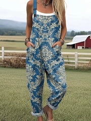 Women's Vintage Floral Pattern Art Print Casual Cotton Linen Wide Leg Jumpsuit