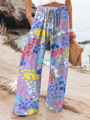 Women's Vintage Flowers Art  Printed Cotton And Linen Casual Pants