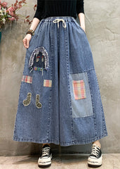 Light Blue Patchwork Applique Denim Pants Embroidered Summer