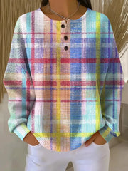 Women's Plaid Pattern Art Print Casual Waffle Sweatshirt