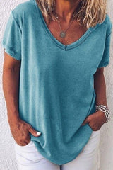 Solid Color Casual V-neck Short Sleeves T-shirt