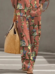 Women's Retro Floral Art Print Casual 3/4 Sleeve Top And Pants Cotton Linen Suits