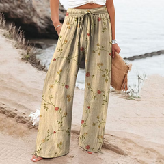 Women's  Vintage Flowers Art  Printed Cotton And Linen Casual Pants