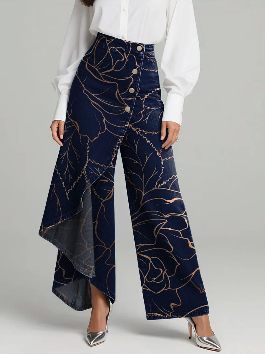 Women's Line Flower Art Print High-waisted Relaxed Fit Wide-leg Jeans With A Stylish Design.