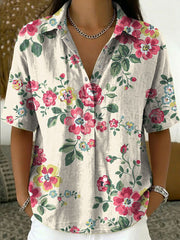 Women's Vintage Botanical Floral Casual Polo Collar Short-sleeved Linen And Cotton Shirt