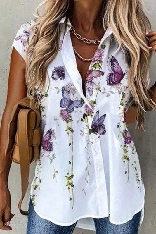 Butterfly Print Collared Buttons Blouse