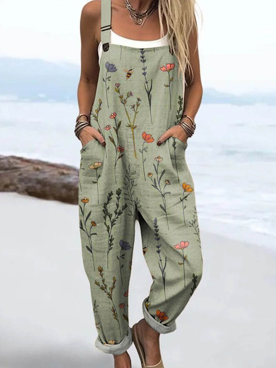 Women's Vintage Floral Art Print Casual Wide Leg Jumpsuit