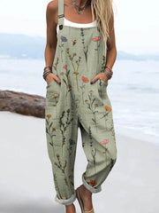 Women's Vintage Floral Art Print Casual Wide Leg Jumpsuit