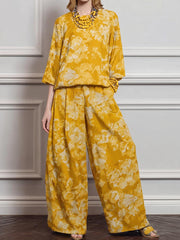 Women's Vintage-print Round-neck 3/4-sleeve Loose-fit Cotton-linen Top & High-waisted Wide-leg Pants Set