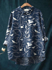 Women's  Retro Flower Art Print Casual Cotton And Linen Shirt