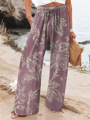 Women's  Vintage Flowers Art  Printed Cotton And Linen Casual Pants
