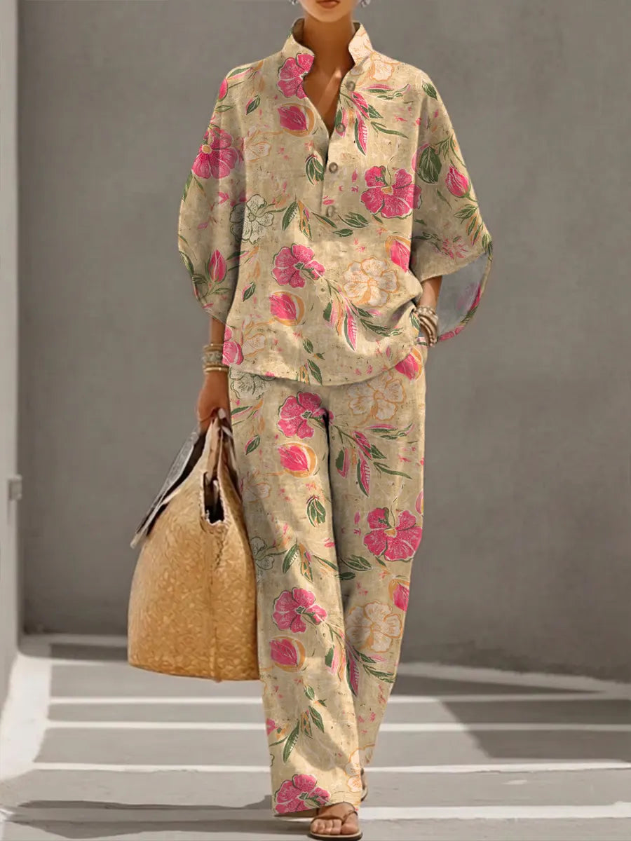 Women's Retro Floral Art Print Casual 3/4 Sleeve Top And Pants Cotton Linen Suits