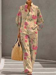 Women's Retro Floral Art Print Casual 3/4 Sleeve Top And Pants Cotton Linen Suits