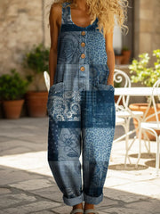 🔥Buy 2 Get 1 FREE – Code: 3FREE | Women's Patchwork Art Pattern Print Casual Denim Jumpsuit