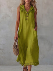 Casual Spliced lace-trimmed Linen And Cotton Hooded Dress
