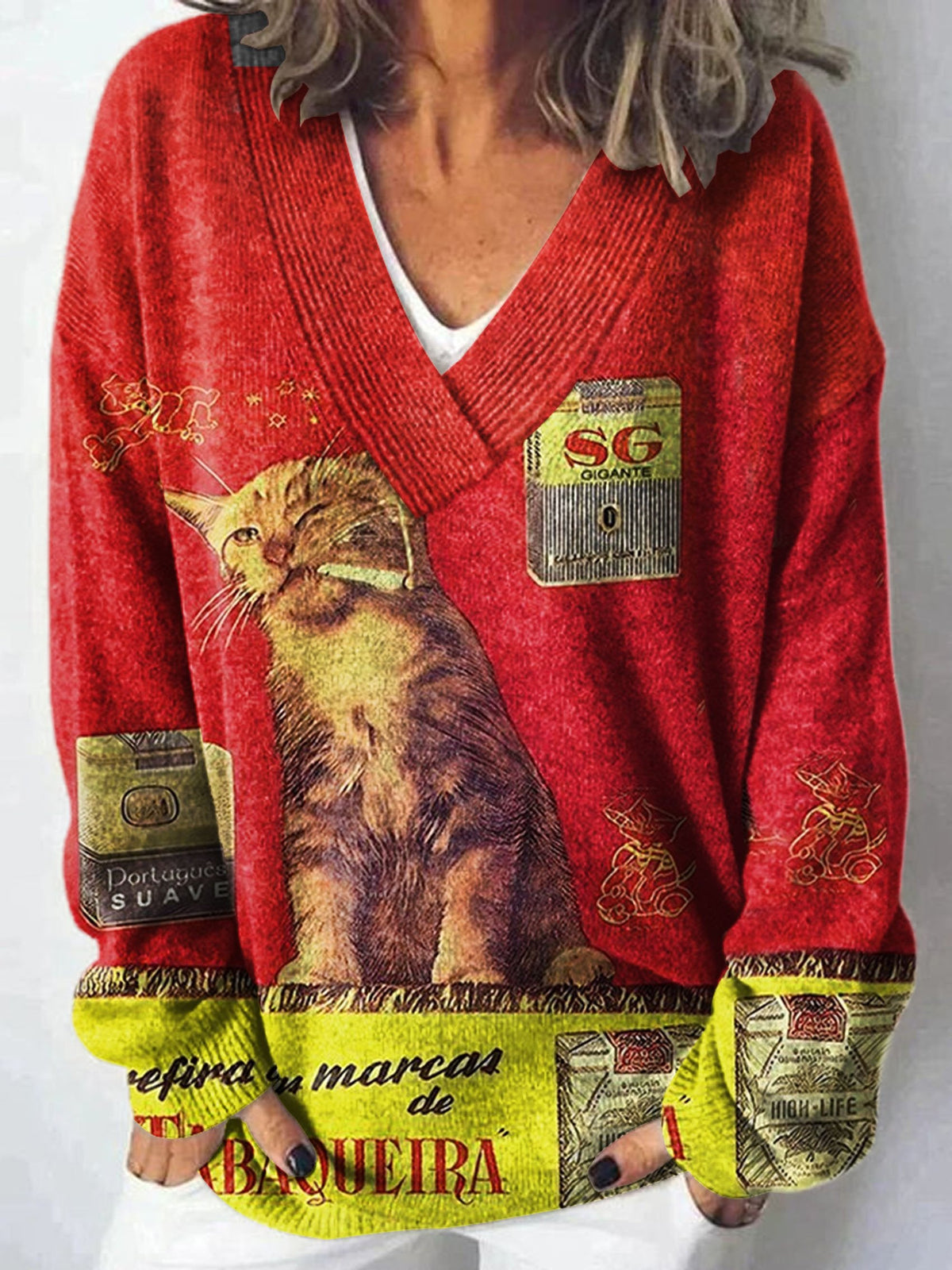 Cat  Art  Print Knit V-neck Pullover Sweater
