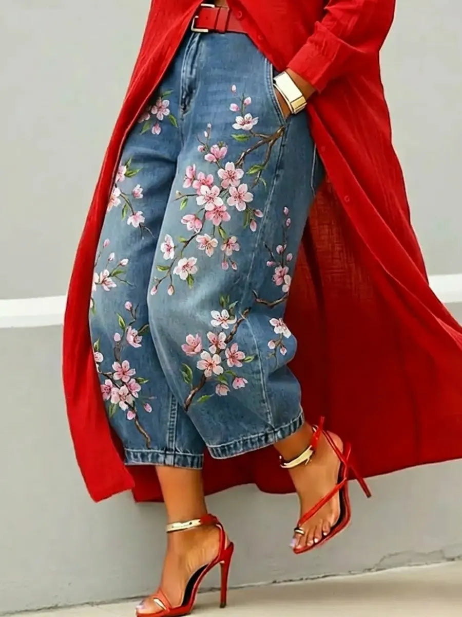 🔥Buy 3 Get 1 FREE – Code: 4FREE | Women's Retro Floral Pattern Art Print Casual Jeans