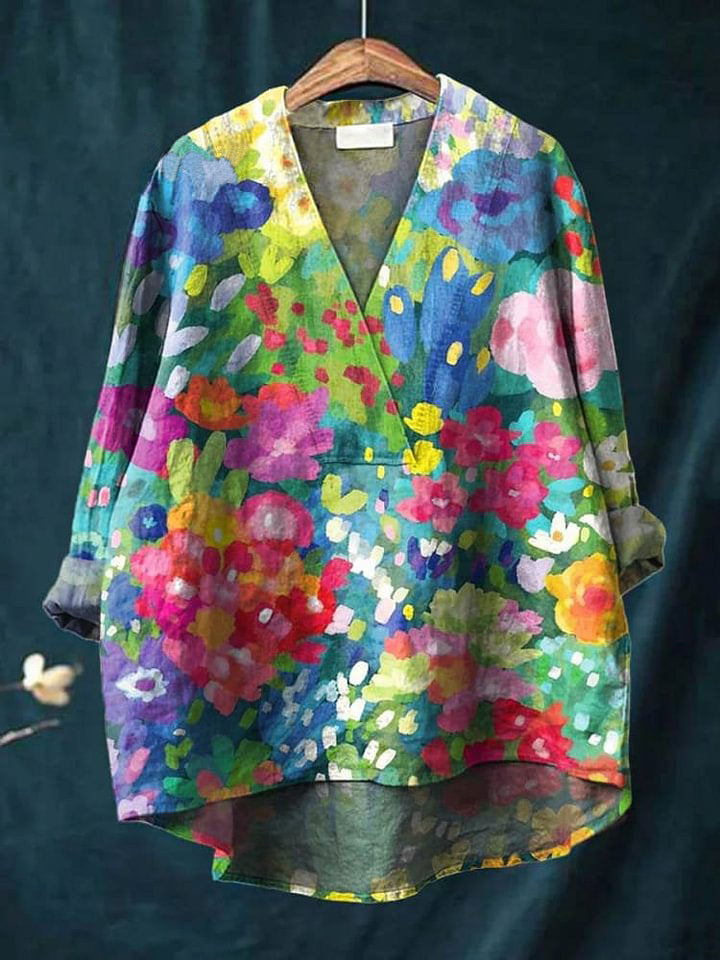 Women's Vintage Lovely Floral Art Print Casual Cotton And Linen V-neck Shirt