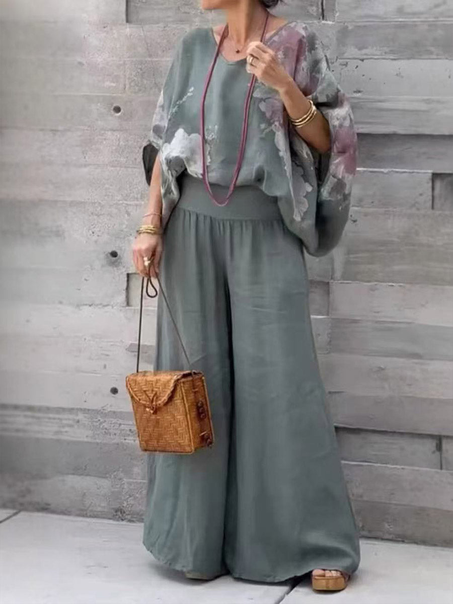 Women's V-neck Batwing Sleeves Abstract Positioning Print Loose Top Elastic Waist Cotton and Linen Wide Leg Pants Set