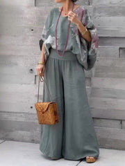 Women's V-neck Batwing Sleeves Abstract Positioning Print Loose Top Elastic Waist Cotton and Linen Wide Leg Pants Set