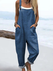 Women's Vintage Floral Pattern Art Print Casual Cotton Linen Wide Leg Jumpsuit