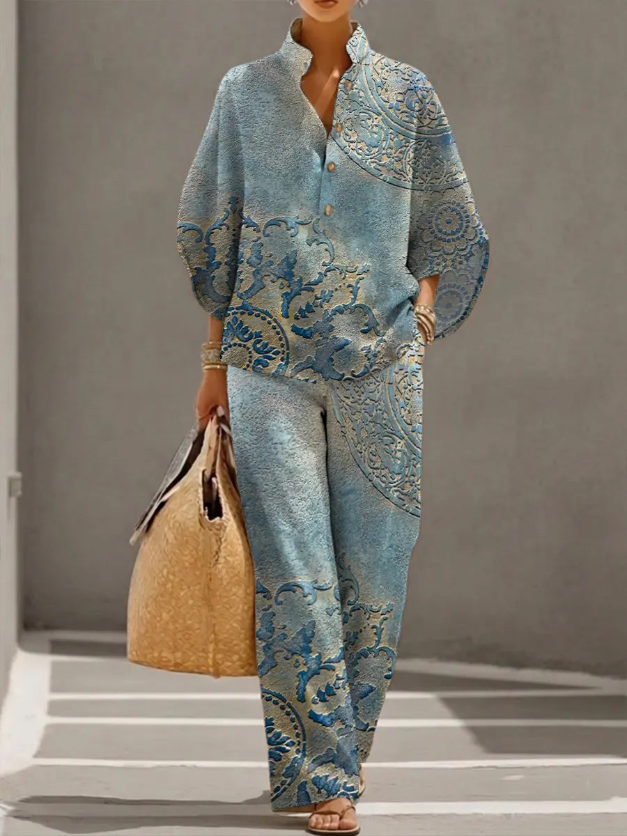 Women's Retro Floral Art Print Casual 3/4 Sleeve Top And Pants Cotton Linen Suits