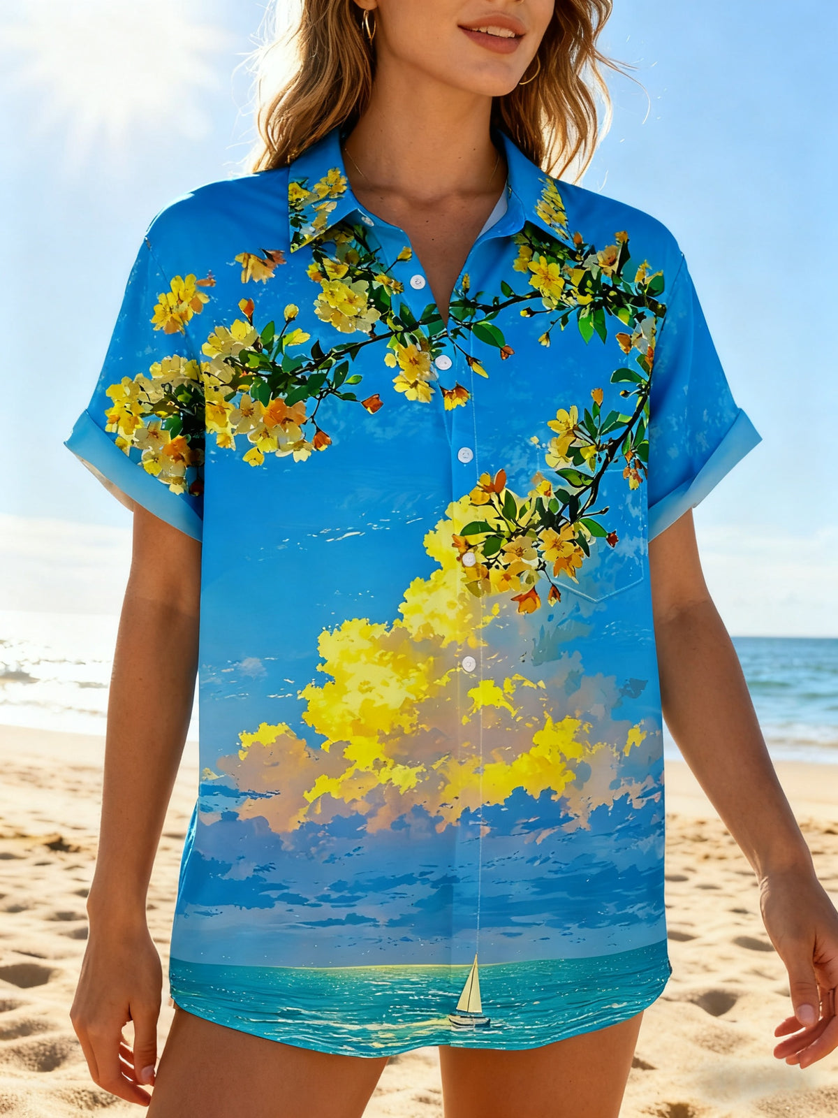 Women's Moisture-wicking   Beach Floral Scenery Chest Pocket Hawaiian Shirt