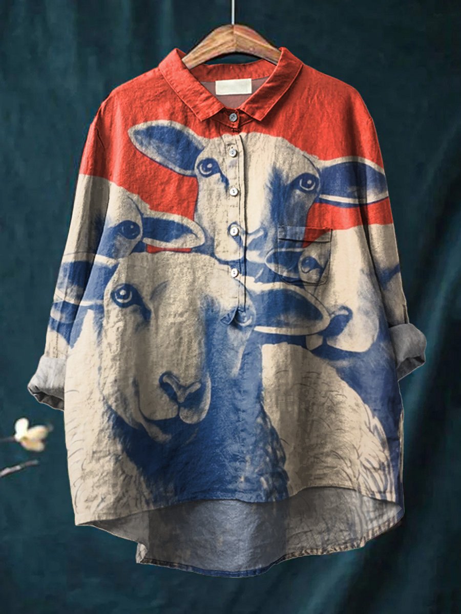 Women's Vintage Hand-Painted Lambs Print Casual Cotton And Linen Shirt