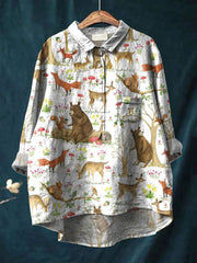 Women's Vintage Lovely Woodland Animals Art Print Casual Cotton And Linen Shirt